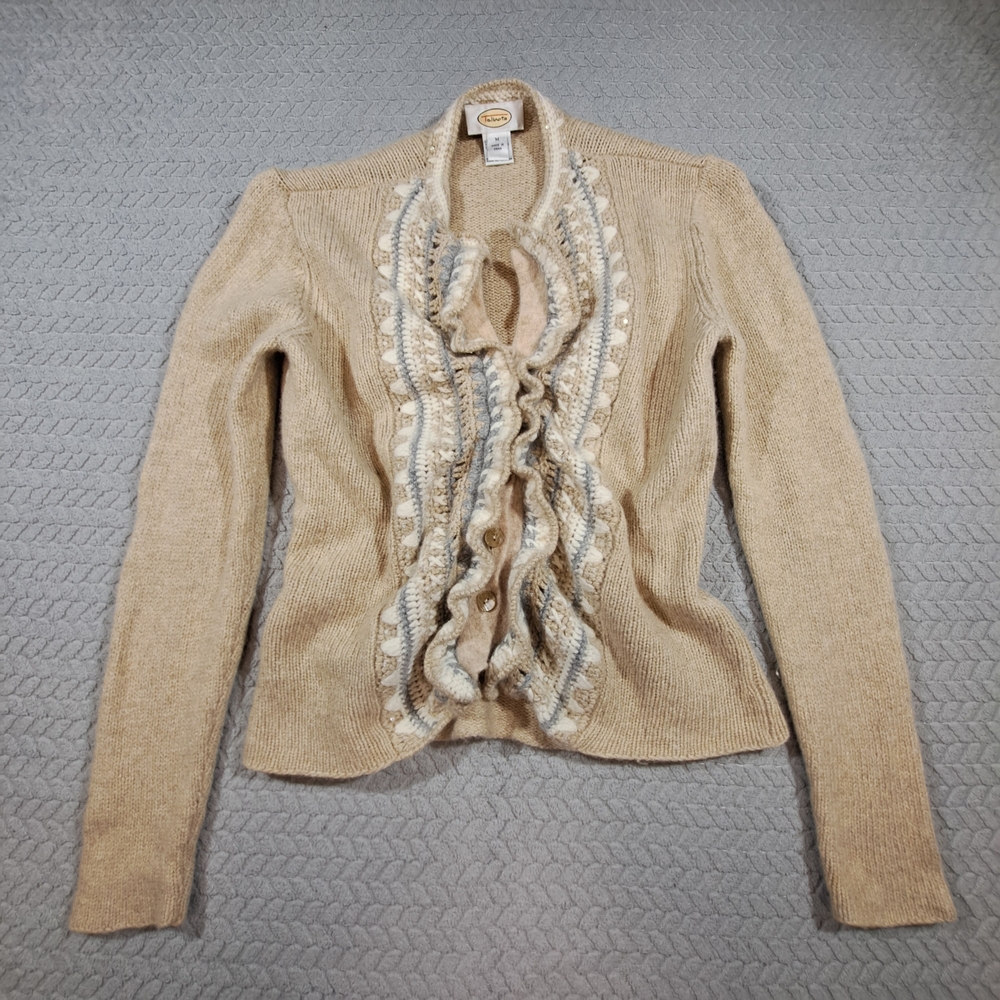 Talbots Beige Ruffled Cardigan with Cream & Light Blue Trim